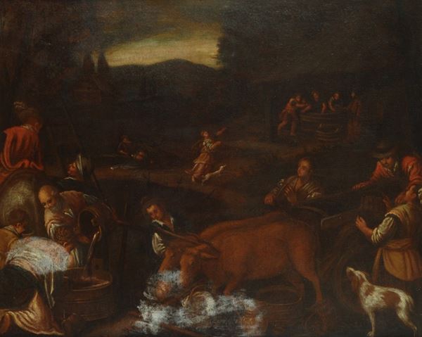 Scuola dei Bassano, XVII sec. : Contadini con armenti  - Olio su tela - Auction  [..]