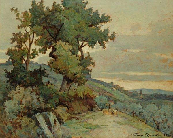 Gino Romiti - Strada di campagna con contadine e gregge