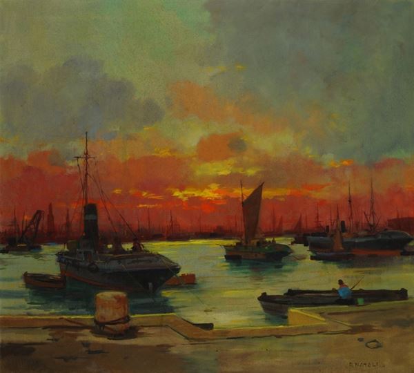 Renato Natali : Sera di quiete (tramonto al porto)  - Auction AUTORI DEL XIX E XX SEC - II - Galleria Pananti Casa d'Aste