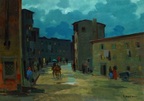 Renato Natali : Livorno vecchia al chiaro di luna  - Olio su compensato - Asta AUTORI DEL XIX E XX SEC - II - Galleria Pananti Casa d'Aste