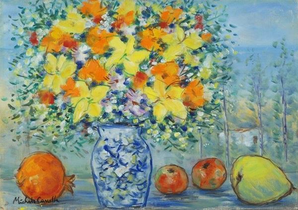 Michele Cascella : Vaso di fiori con frutta  - Olio su tela  - Asta Arte Moderna e Contemporanea - III - Galleria Pananti Casa d'Aste