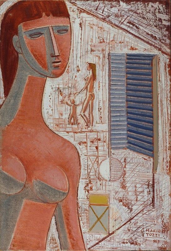 Mario Tozzi : Fanciulla e grattacielo  (1967)  - Olio su tela - Asta Arte Moderna e Contemporanea - III - Galleria Pananti Casa d'Aste