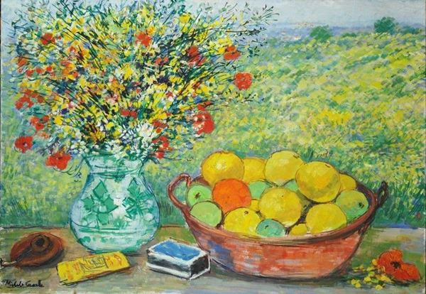 Michele Cascella - Vaso di fiori con cesta di frutta