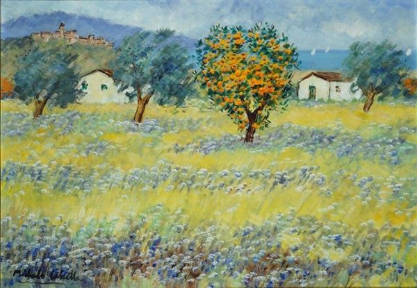Michele Cascella - Paesaggio con albero in fiore