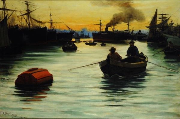 Ruggero Panerai : Barcaroli in porto  (1886)  - Olio su tela - Asta AUTORI DEL XIX E XX SEC - II - Galleria Pananti Casa d'Aste