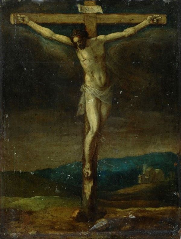 Scuola Toscana, XVI sec. : Cristo crocifisso  - Olio su rame  - Asta ANTIQUARIATO, OROLOGI - I - Galleria Pananti Casa d'Aste