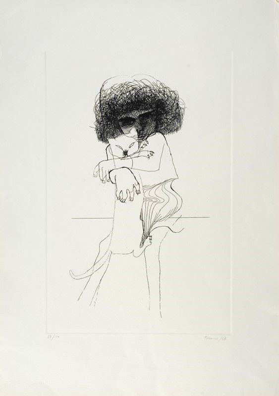 Giacomo Porzano : Figura con gatto  (1967)  - Acquaforte - Asta GRAFICA ED EDIZIONI - Galleria Pananti Casa d'Aste