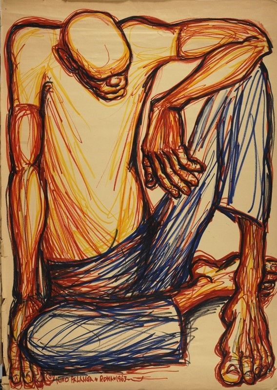 Nino Falanga : Uomo seduto  (1963)  - Pennarelli su carta - Asta GRAFICA ED EDIZIONI - Galleria Pananti Casa d'Aste