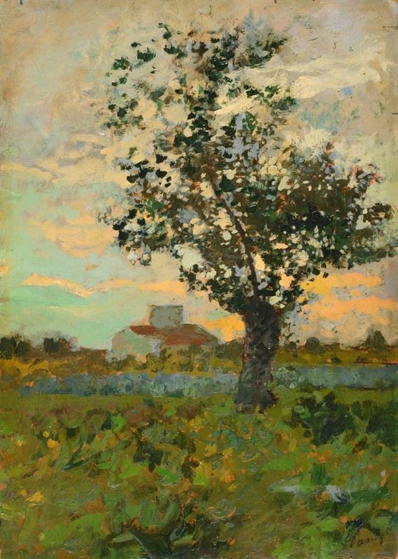 Carlo Passigli - Veduta di campagna con albero e casolare