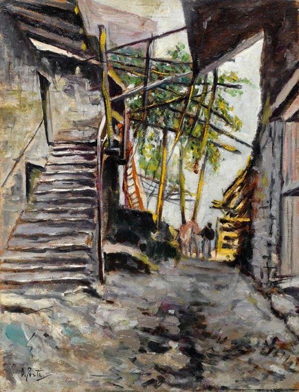 Anonimo, XX sec. : Strada tra i casolari.  - Olio su cartone - Asta AUTORI DEL XIX E XX SEC - II - Galleria Pananti Casa d'Aste