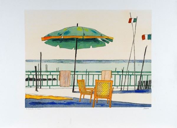 Renzo Biasion : Lungomare  - Litografia acquerellata a mano - Asta GRAFICA ED EDIZIONI - Galleria Pananti Casa d'Aste