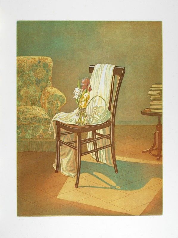 Sergio Nardoni : Interno con sedia  - Acquaforte a colori - Asta GRAFICA ED EDIZIONI - Galleria Pananti Casa d'Aste