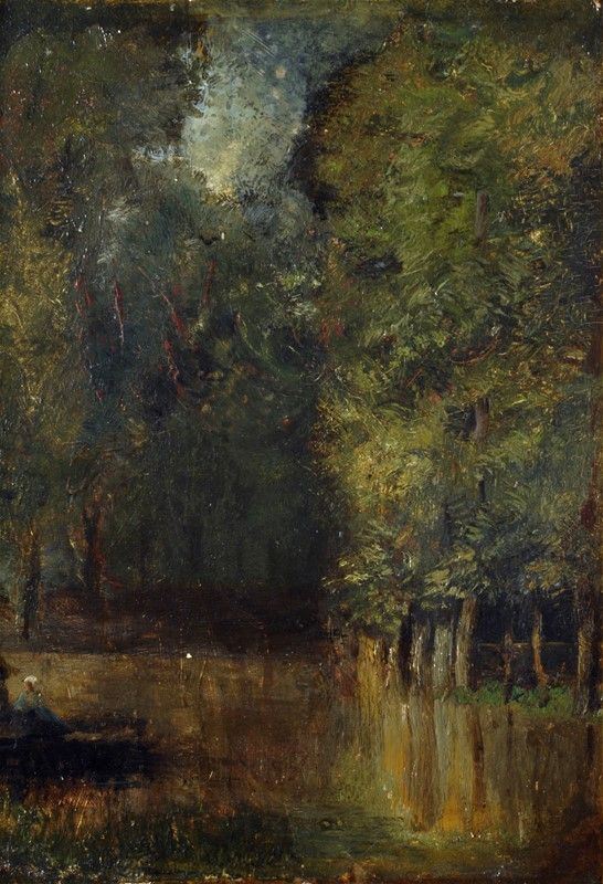 Anonimo, XIX sec. - Paesaggio lacustre con figure in barca