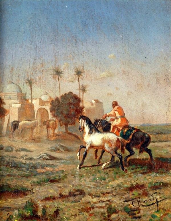 Giulio Rosati : Paesaggio orientale con cavalli e figura  - Olio su tavola - Asta AUTORI DEL XIX E XX SEC - II - Galleria Pananti Casa d'Aste