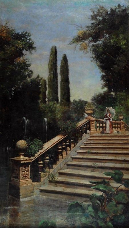 Filippo Carcano - Scorcio di Giardino con Scalinata e Dama
