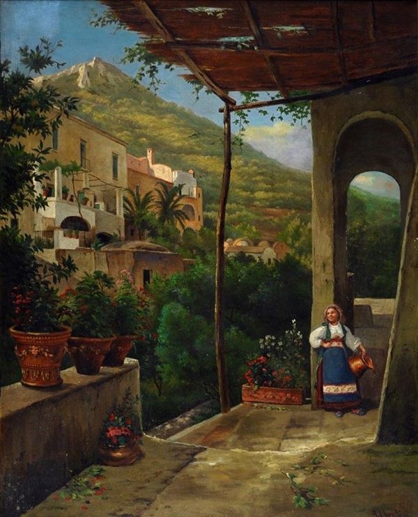 Andrea Cherubini - Scorcio di paese con popolana