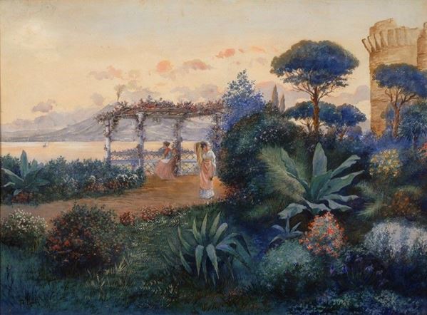 Pietro Gabrini : Dame in giardino sul golfo di Napoli  - Auction AUTORI DEL XIX E XX SEC - II - Galleria Pananti Casa d'Aste