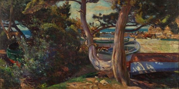 Ruggero Focardi : Scorcio di spiaggia con barche  (1926)  - Olio su tela  - Asta AUTORI DEL XIX E XX SEC - II - Galleria Pananti Casa d'Aste