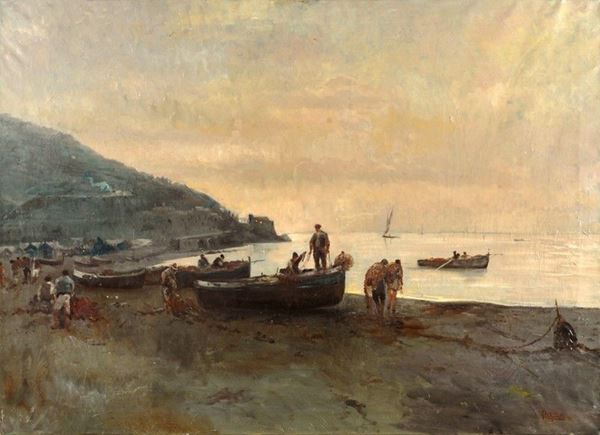 R. Amato : Paesaggio costiero con pescatori  (1919)  - Olio su tela - Asta AUTORI DEL XIX E XX SEC - II - Galleria Pananti Casa d'Aste