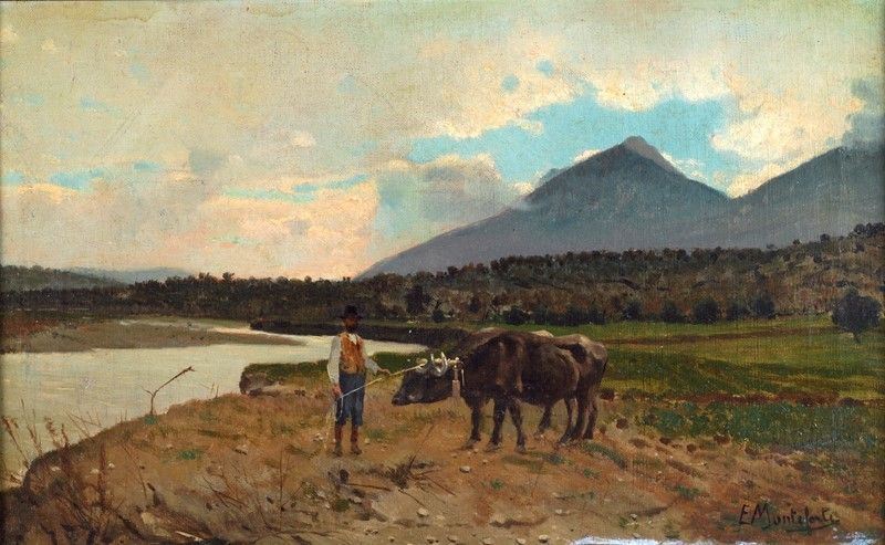Eduardo Monteforte - Paesaggio Fluviale con Contadino e Bovini