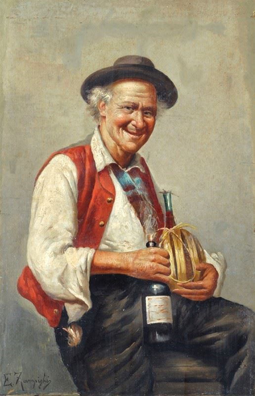 Cerchia di Eugenio Zampighi - Ritratto di uomo con fiasco di vino
