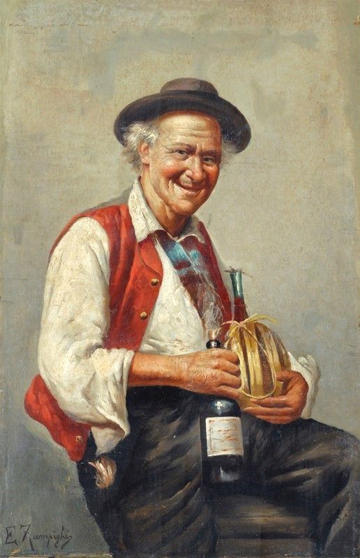 Cerchia di Eugenio Zampighi - Ritratto di Uomo con Fiasco di Vino