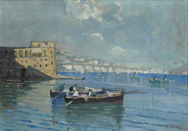 Scuola Napoletana, XIX sec. - Marina con barche e pescatori