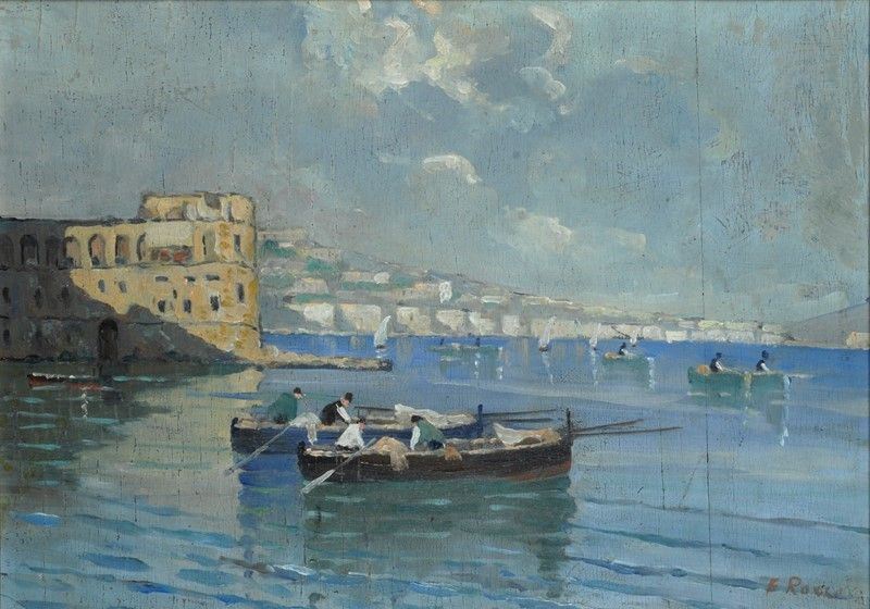 Scuola Napoletana, XIX Sec. - Marina con Barche e Pescatori