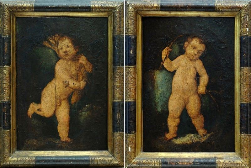 Scuola Italia Centrale, XV - XVI Sec. - Putto Nudo con Grano e Putto Nudo con Ramo