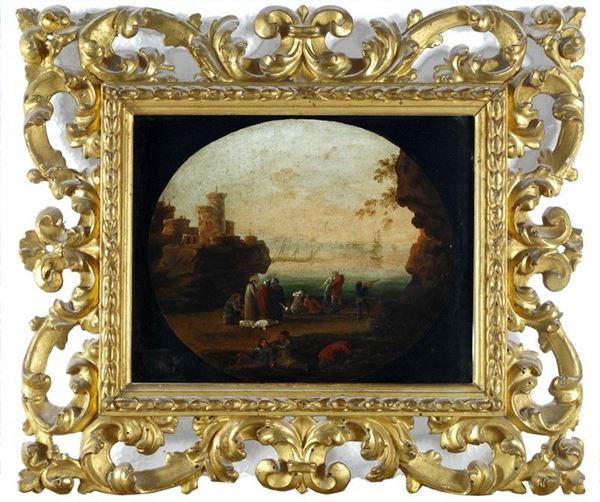 Scuola Olandese, XVII sec. : Paesaggio con marina, castello e figure  - Auction Antiquariato - Galleria Pananti Casa d'Aste