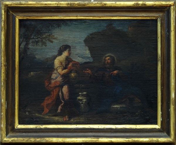 Scuola Romana, XVIII sec. : Cristo e la Samaritana al pozzo  - Olio su tela - Asta ANTIQUARIATO, OROLOGI - I - Galleria Pananti Casa d'Aste