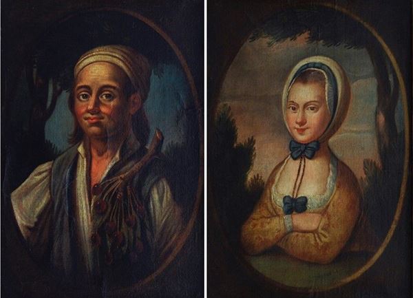 Scuola Napoletana, inizi XVIII sec. - Ritratto di fanciulla e Ritratto di contadino