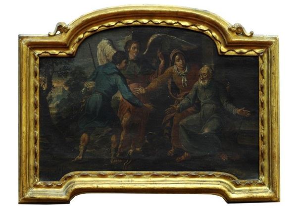 Scuola Bolognese, XVIII sec. : Tobia torna con l’angelo a casa del padre cieco  - Auction Antiquariato - II - Galleria Pananti Casa d'Aste