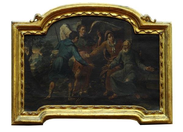 Scuola Bolognese, XVIII sec. - Tobia torna con l’angelo a casa del padre cieco