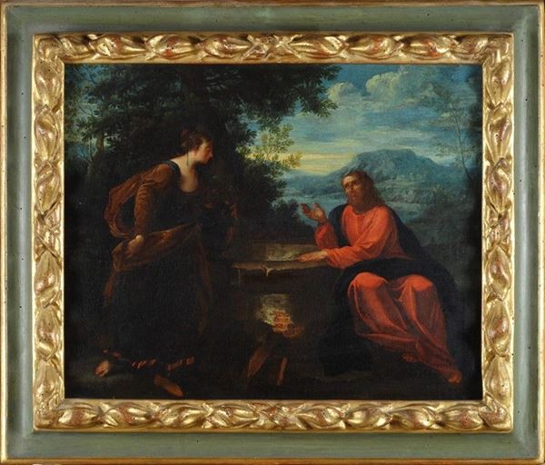 Scuola Emiliana, XVII sec. : Cristo e la Samaritana al pozzo  - Olio su tela - Asta Antiquariato - II - Galleria Pananti Casa d'Aste
