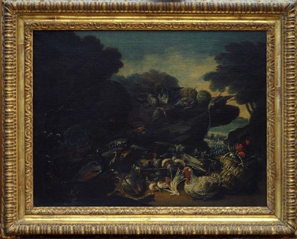 Pseudo-Vitali (attivo a Bologna tra il XVII e il XVIII sec.) - Natura morta con fiori, frutti e volatili