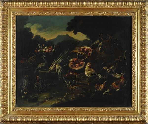 Pseudo-Vitali (attivo a Bologna tra il XVII e il XVIII sec.) - Natura morta con fiori, frutti e volatili