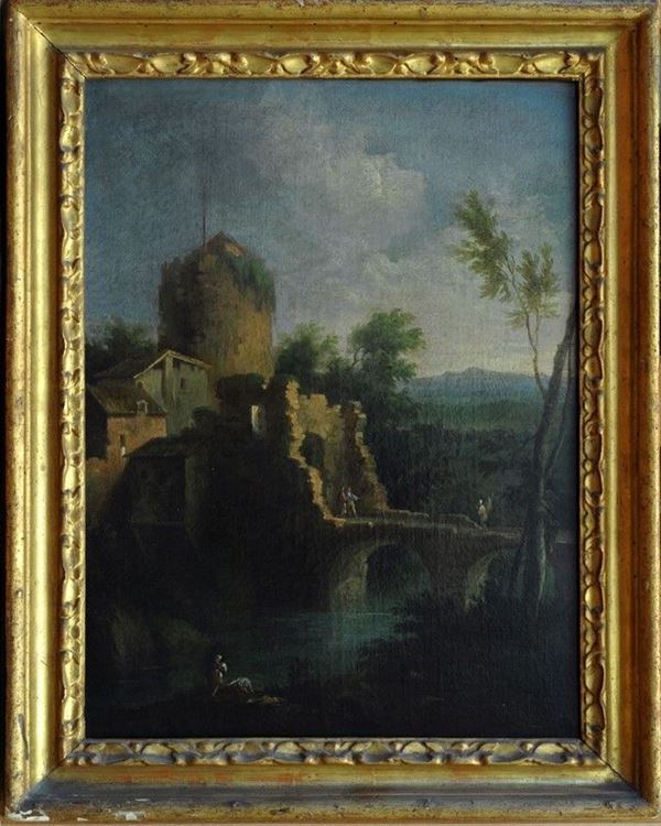 Scuola Romana, XVIII sec. - Paesaggio con ruderi