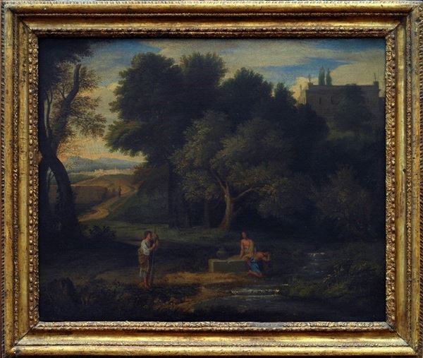 Maniera di Gaspard Dughet : Paesaggio con ruscello e tre figure  - Auction Antiquariato - Galleria Pananti Casa d'Aste
