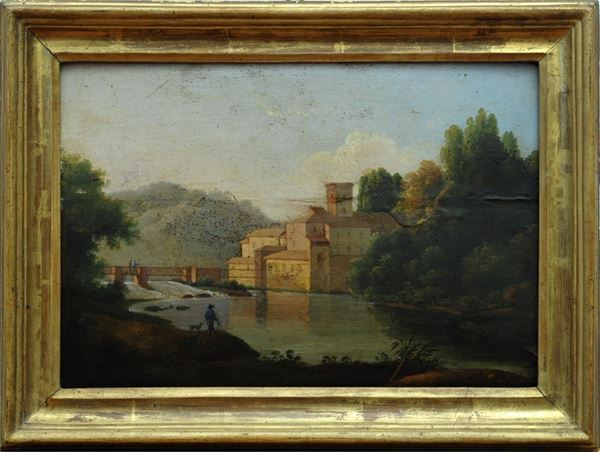 Anonimo, XVIII sec. : Paesaggio con ponte  - Auction Paintings, Drawings, Furniture and Art Objects -  Authors of the 19th and 20th centuries - II - Galleria Pananti Casa d'Aste