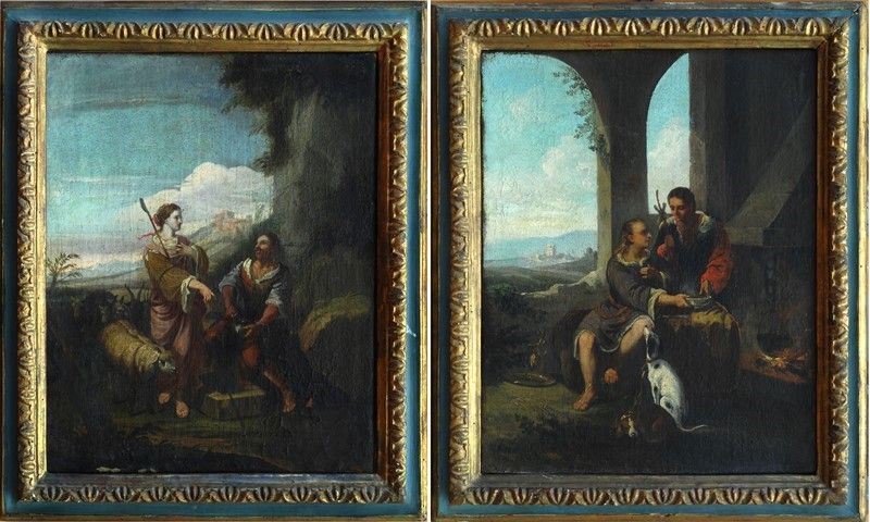 Scuola Lombarda, XVIII Sec. - Figure Sotto un Loggiato; Due Figure