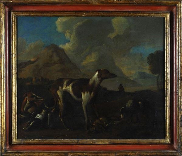 Scuola Olandese, XVIII sec. : Cani da caccia a riposo  - Olio su tela - Asta Antiquariato - Galleria Pananti Casa d'Aste