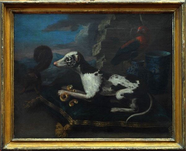 Scuola Olandese, XVIII sec. - Levriero su un cuscino con un pappagallo ed uno scoiattolo