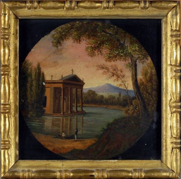 Anonimo, XIX sec. : Paesaggio con tempietto antico  - Olio su rame - Asta Antiquariato - Galleria Pananti Casa d'Aste