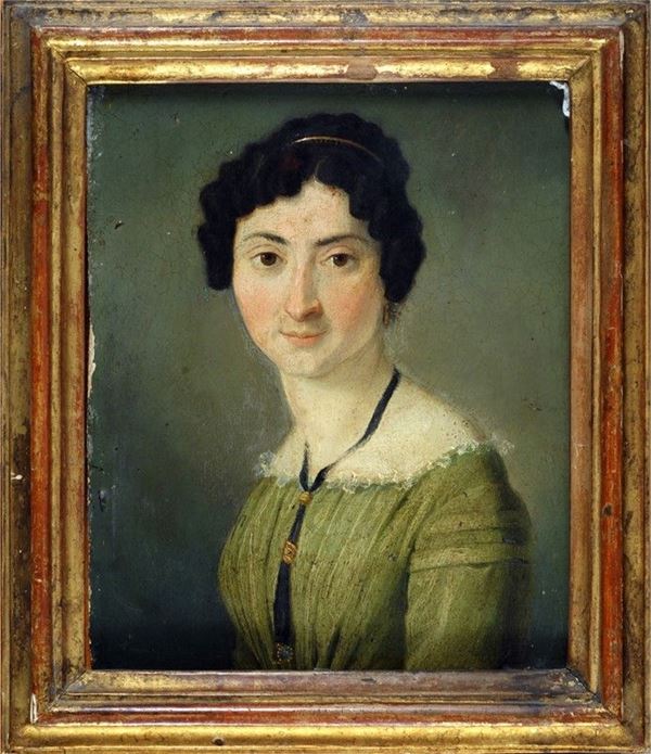 Anonimo, inizi XIX sec. : Ritratto di donna  - Olio su tavola - Asta ANTIQUARIATO, OROLOGI - I - Galleria Pananti Casa d'Aste