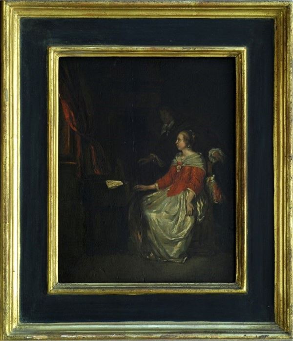 Scuola Olandese, XVII sec. : Dama alla spinetta e altre figure  - Auction Antiquariato - Galleria Pananti Casa d'Aste