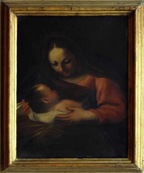 Scuola Romana, XVIII sec. : Madonna col Bambino (da Carlo Maratta)  - Olio su tela - Asta ANTIQUARIATO, OROLOGI - I - Galleria Pananti Casa d'Aste