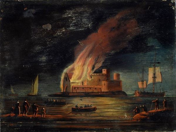 Anonimo, XIX sec. : Incendio al Castello  - Olio su rame - Asta ANTIQUARIATO, OROLOGI - I - Galleria Pananti Casa d'Aste
