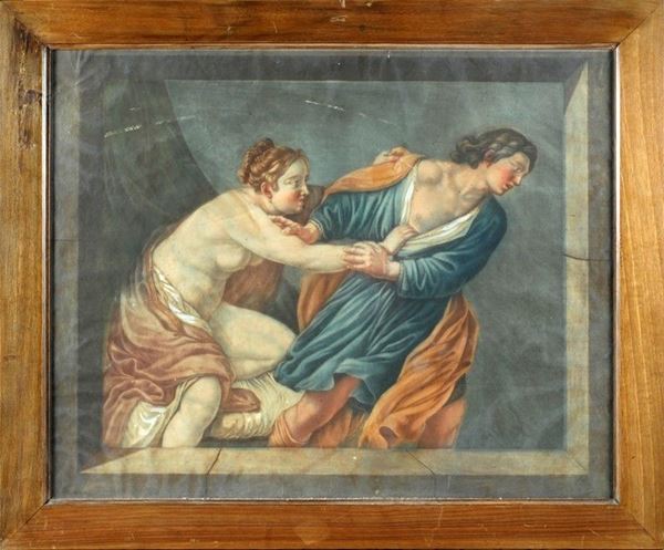 Scuola Emiliana, XVII sec. : Giuseppe e la moglie di Putifarre  - Pastelli su carta - Asta Antiquariato - Galleria Pananti Casa d'Aste