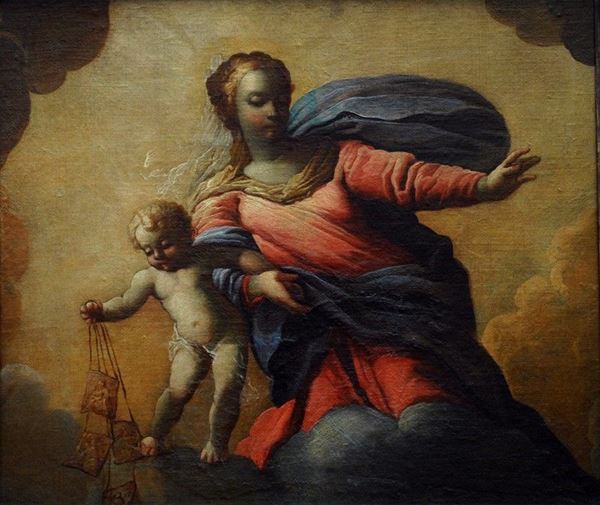 Scuola Emiliana, XVII sec. : Madonna del Carmine  - Olio su tela riportata su cartone - Asta ANTIQUARIATO, OROLOGI - I - Galleria Pananti Casa d'Aste